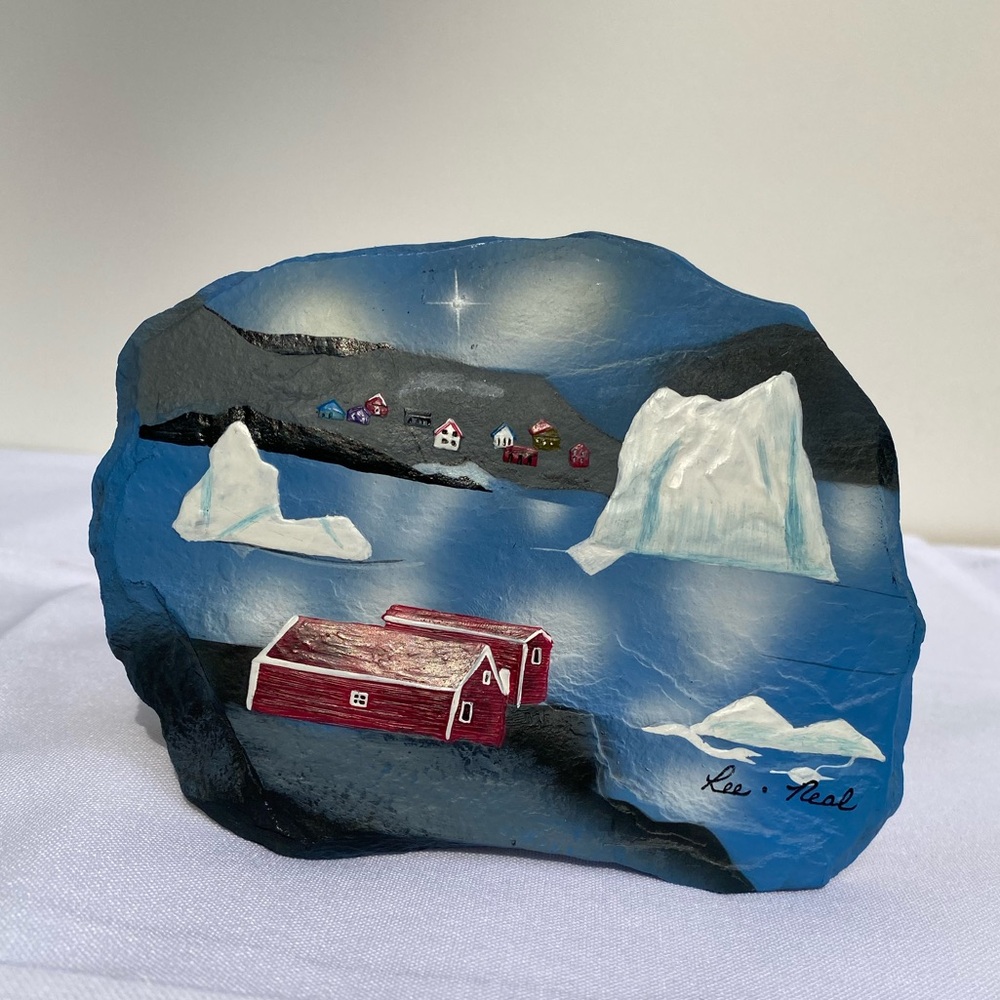 Reflections of Bay Life Art Hand-Painted Landscape-Icebergs on slate 5” across